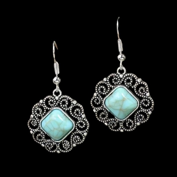 Bohemian Boho Antique Look Turquoise Stone Earrings - Picture 2 of 3
